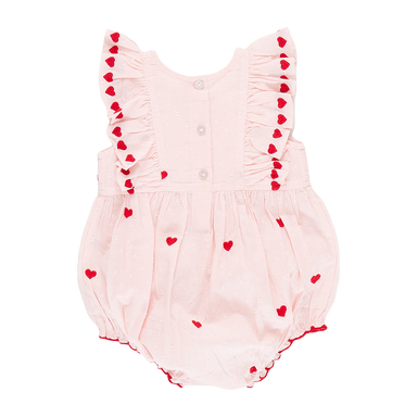 back of pink ruffle sleeveless bubble with red embroidered hearts