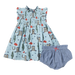 light blue sleeveless dress with smocking and rodeo print including boots, cactus and cowboy hats and chambray diaper cover