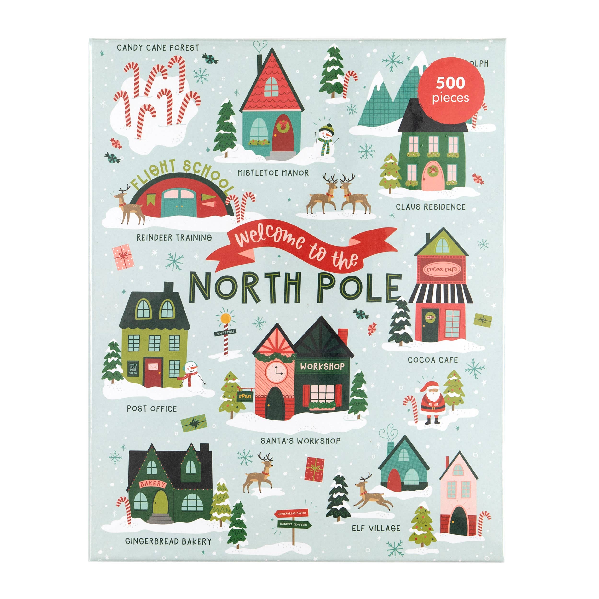 Pippi Post 500 piece holiday jigsaw puzzle featuring an illustrated North Pole village with Santa's workshop candy cane forest snowy homes and festive characters