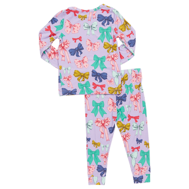 back of purple bamboo loungewear set with multicolored bows print