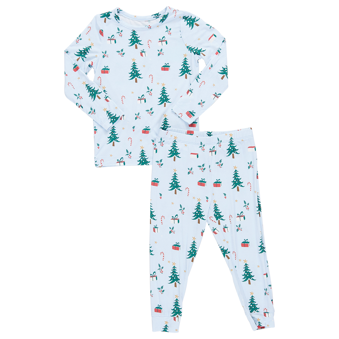light blue long sleeve loungewear set with christmas trees, presents and candy cane print