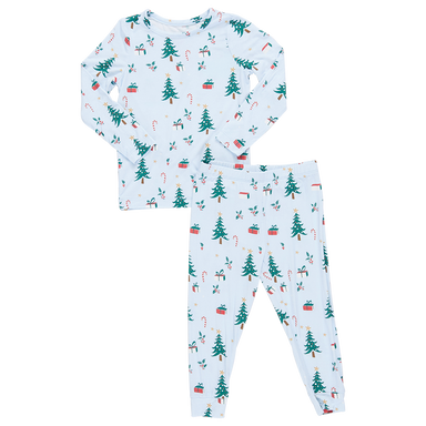light blue long sleeve loungewear set with christmas trees, presents and candy cane print