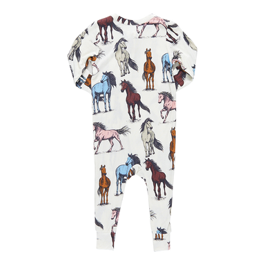 back view of white zipper romper with multicolor horse print