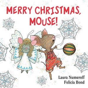 Book cover of 'Merry Christmas, Mouse!' with a mouse and fairy illustration and snowflakes.