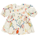 back of cream 3/4 length sleeve dress with birthday buddies design including garlands and balloons