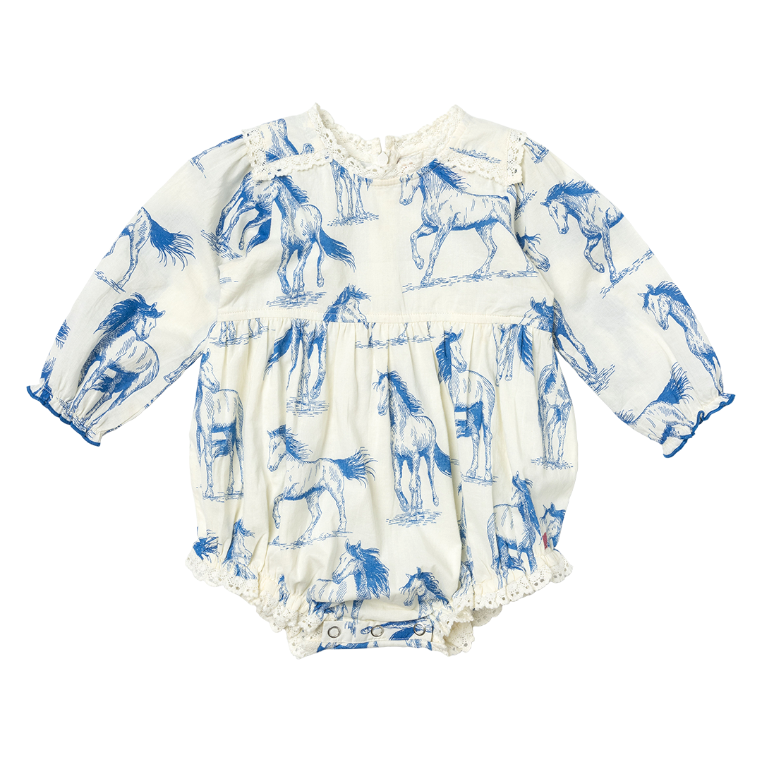 cream colored long sleeve bubble with blue horse print