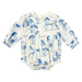 cream colored long sleeve bubble with blue horse print