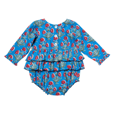 back of blue long sleeved ruffle bubble with red floral poppy print with 3 button closure at the top