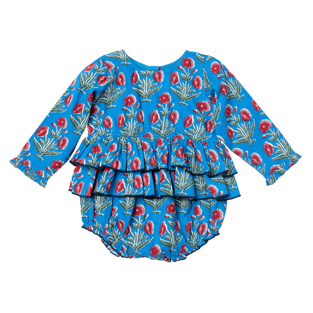 blue long sleeved ruffle bubble with red floral poppy print