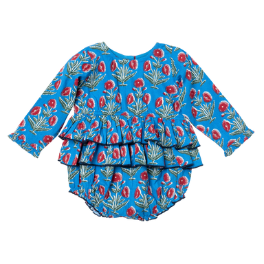 blue long sleeved ruffle bubble with red floral poppy print