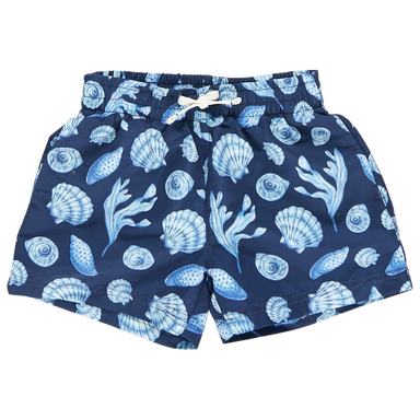 navy blue swim trunks with light blue seashell print