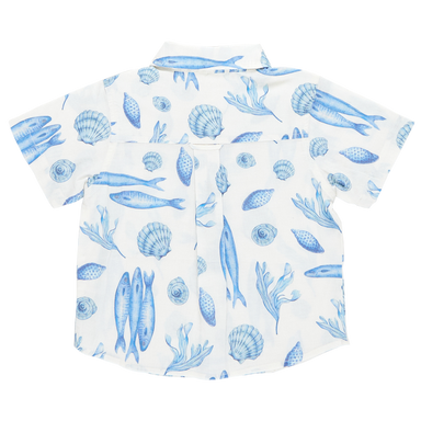 back of white short sleeve collared button down with blue seashell and fish print