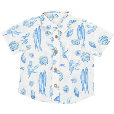 white short sleeve collared button down with blue seashell and fish print