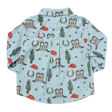 back of light blue long sleeve button down with rodeo print including cowboy boots, cactuses and cowboy hats