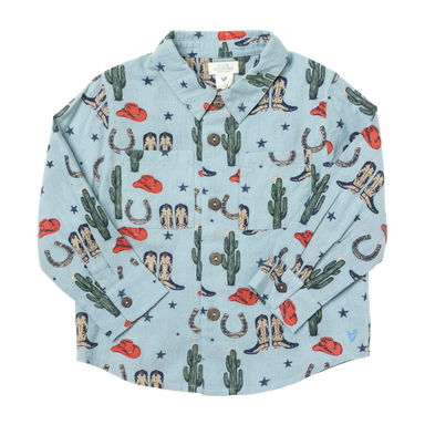 light blue long sleeve button down with rodeo print including cowboy boots, cactuses and cowboy hats