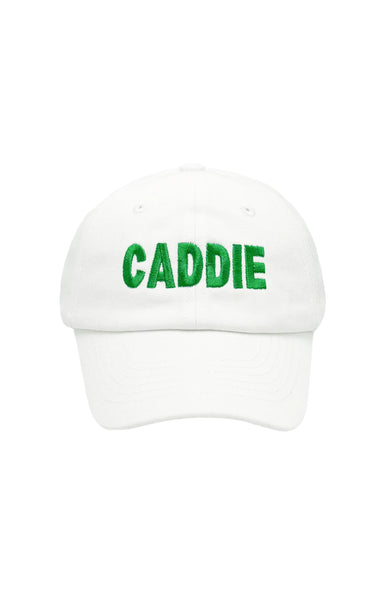 White cap with 'CADDIE' in green text on a white background