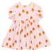 back view of pink long sleeved dress with orange, yellow and white candy corn print