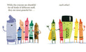Cartoon crayons with faces and clothing, standing together on a white background.