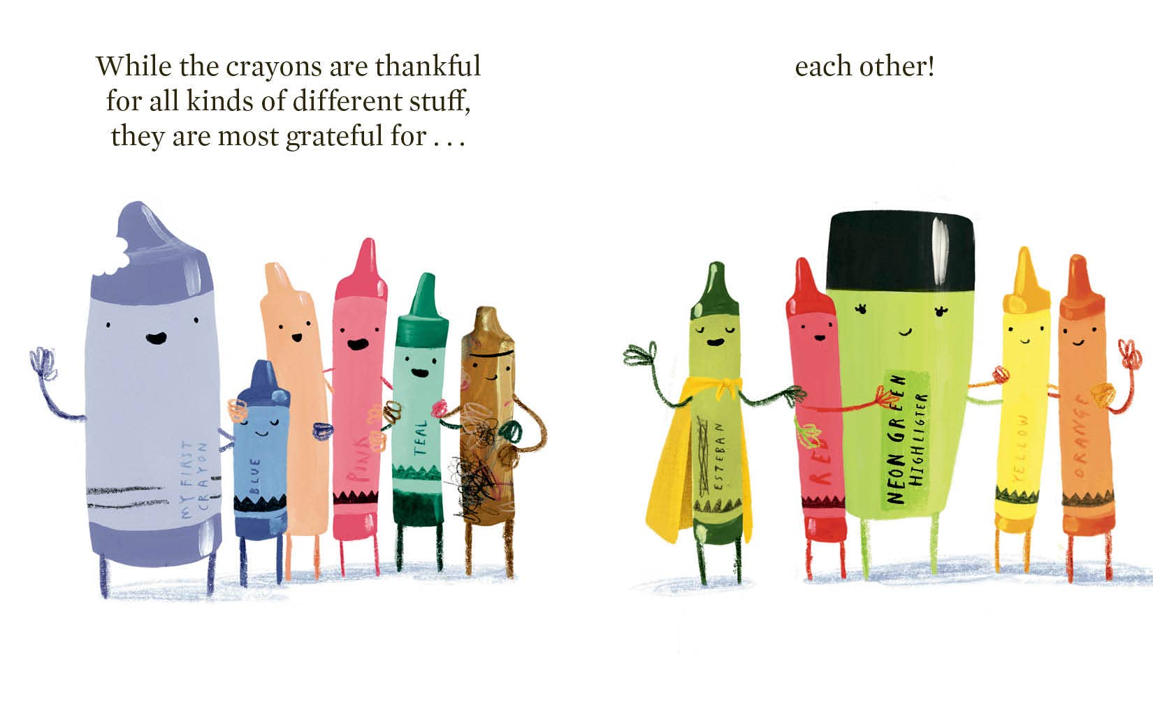 Cartoon crayons with faces and clothing, standing together on a white background.