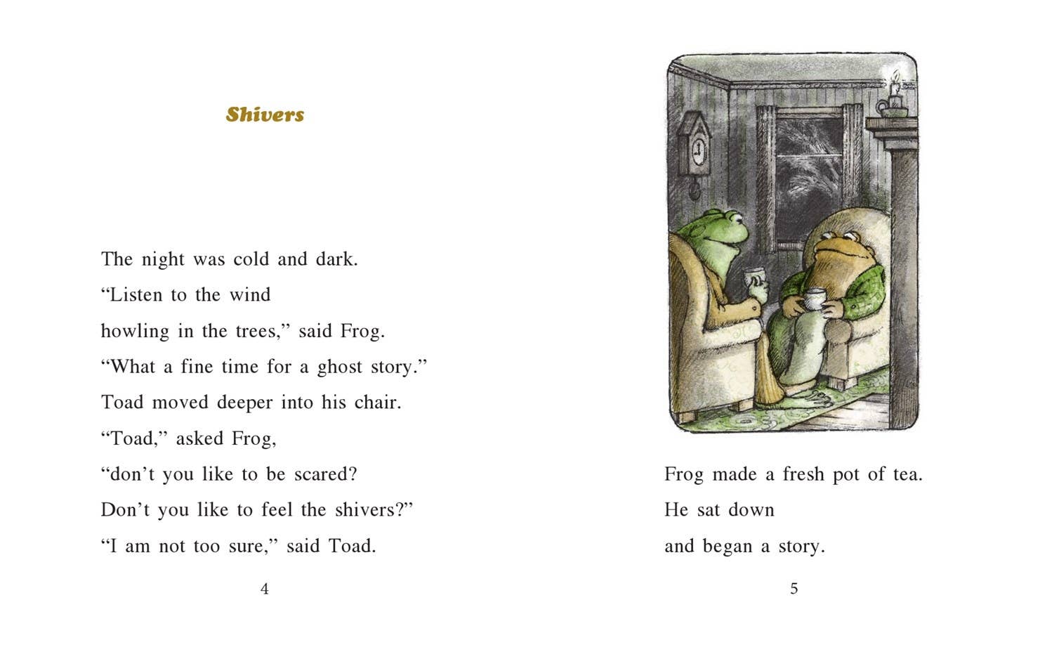 A two-page children's book spread showing the text of a story titled 'Shivers' and an illustration of two green frogs sitting in armchairs by a fireplace, one reading and one listening.