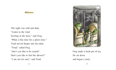 A two-page children's book spread showing the text of a story titled 'Shivers' and an illustration of two green frogs sitting in armchairs by a fireplace, one reading and one listening.