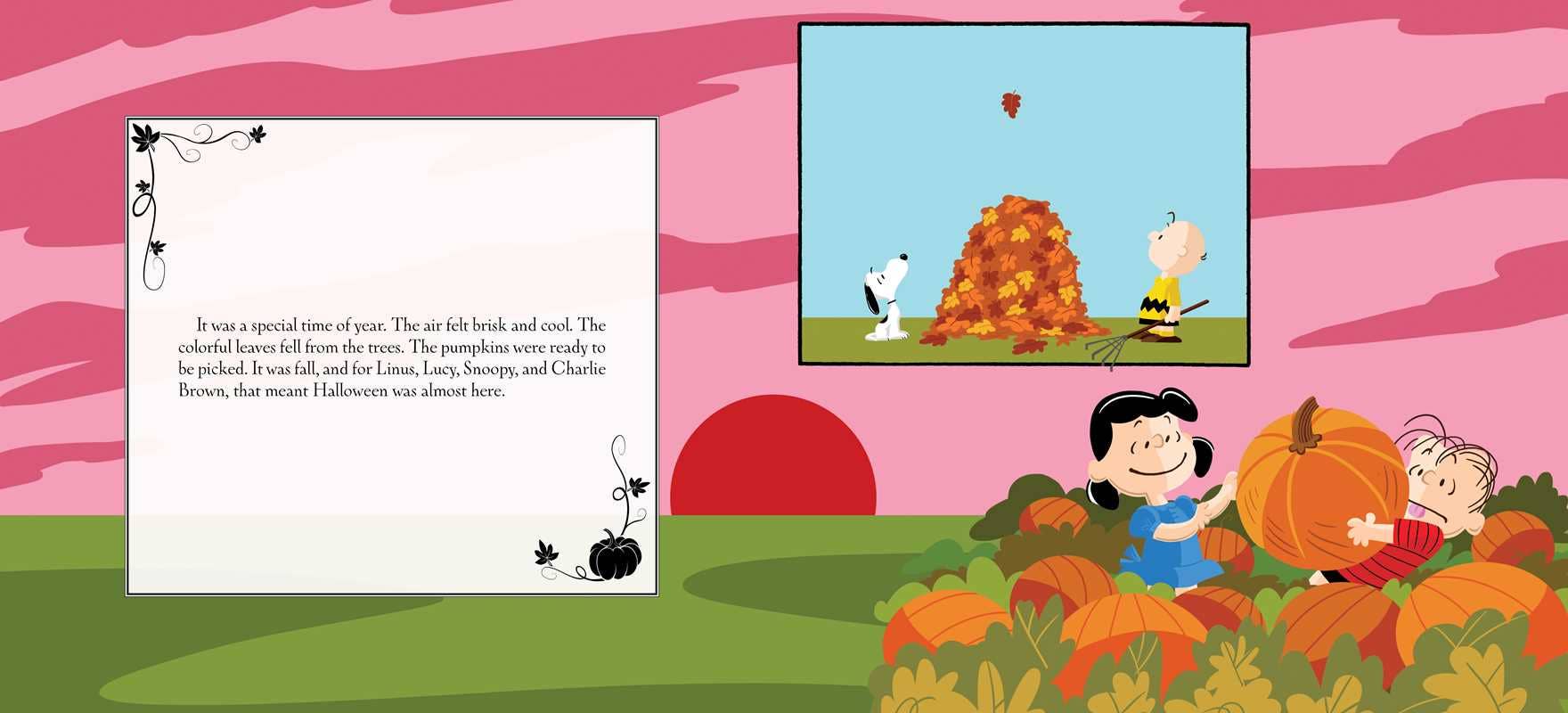 A Peanuts autumn-themed children's book spread or poster showing an open white text page on the left and a colorful illustrated scene on the right with Charlie Brown, Snoopy, Lucy, and other characters in a pumpkin patch under a pink sky.