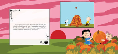 A Peanuts autumn-themed children's book spread or poster showing an open white text page on the left and a colorful illustrated scene on the right with Charlie Brown, Snoopy, Lucy, and other characters in a pumpkin patch under a pink sky.