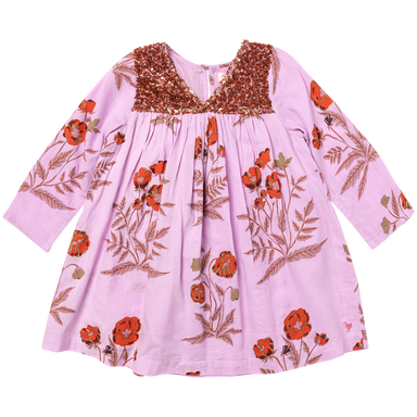 long sleeve lavender v neck dress with sequin detail and orange poppy floral print