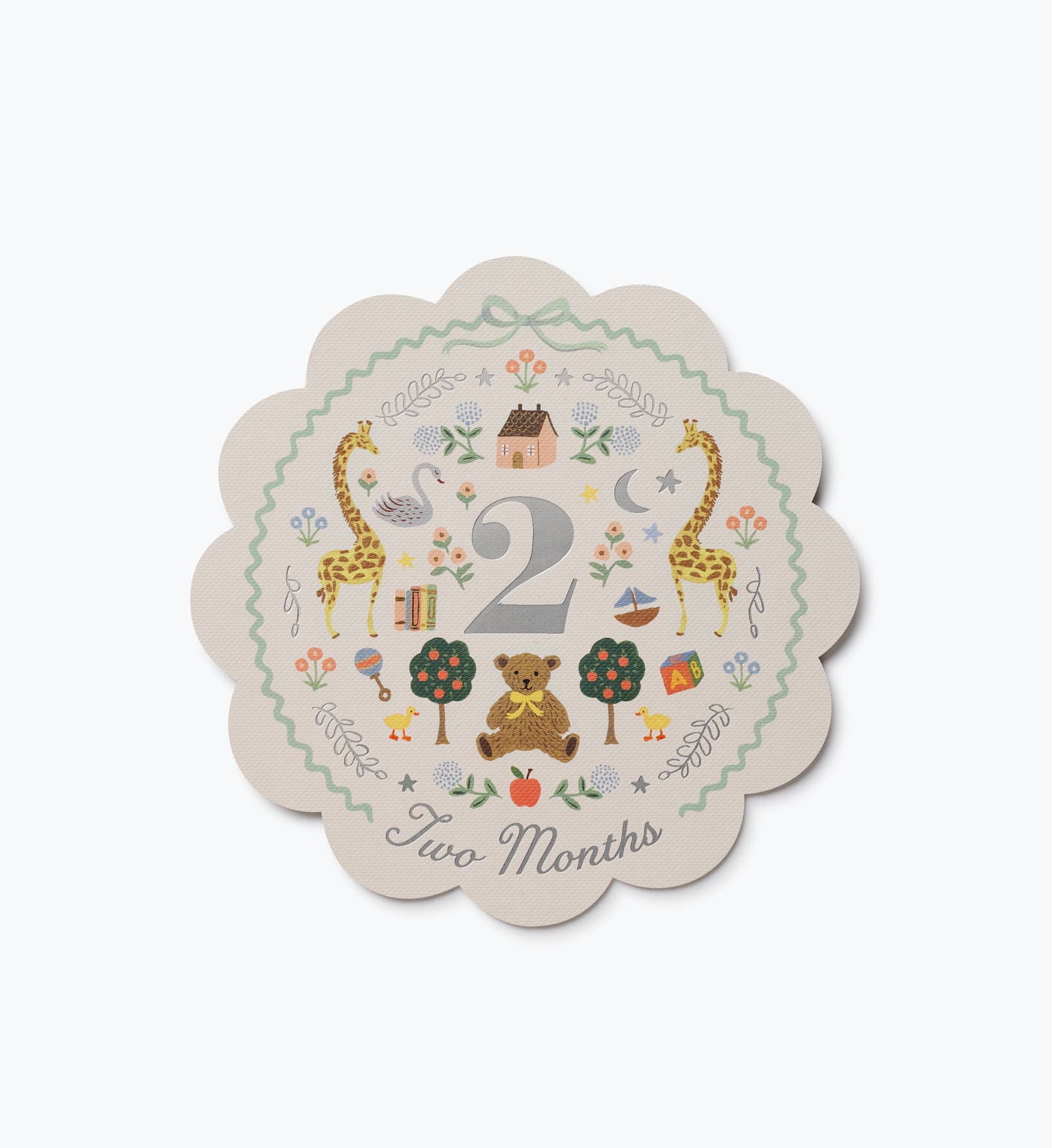 Illustrated scalloped two month milestone card with a large number two and colorful woodland animals flowers and trees by Rifle Paper Co.