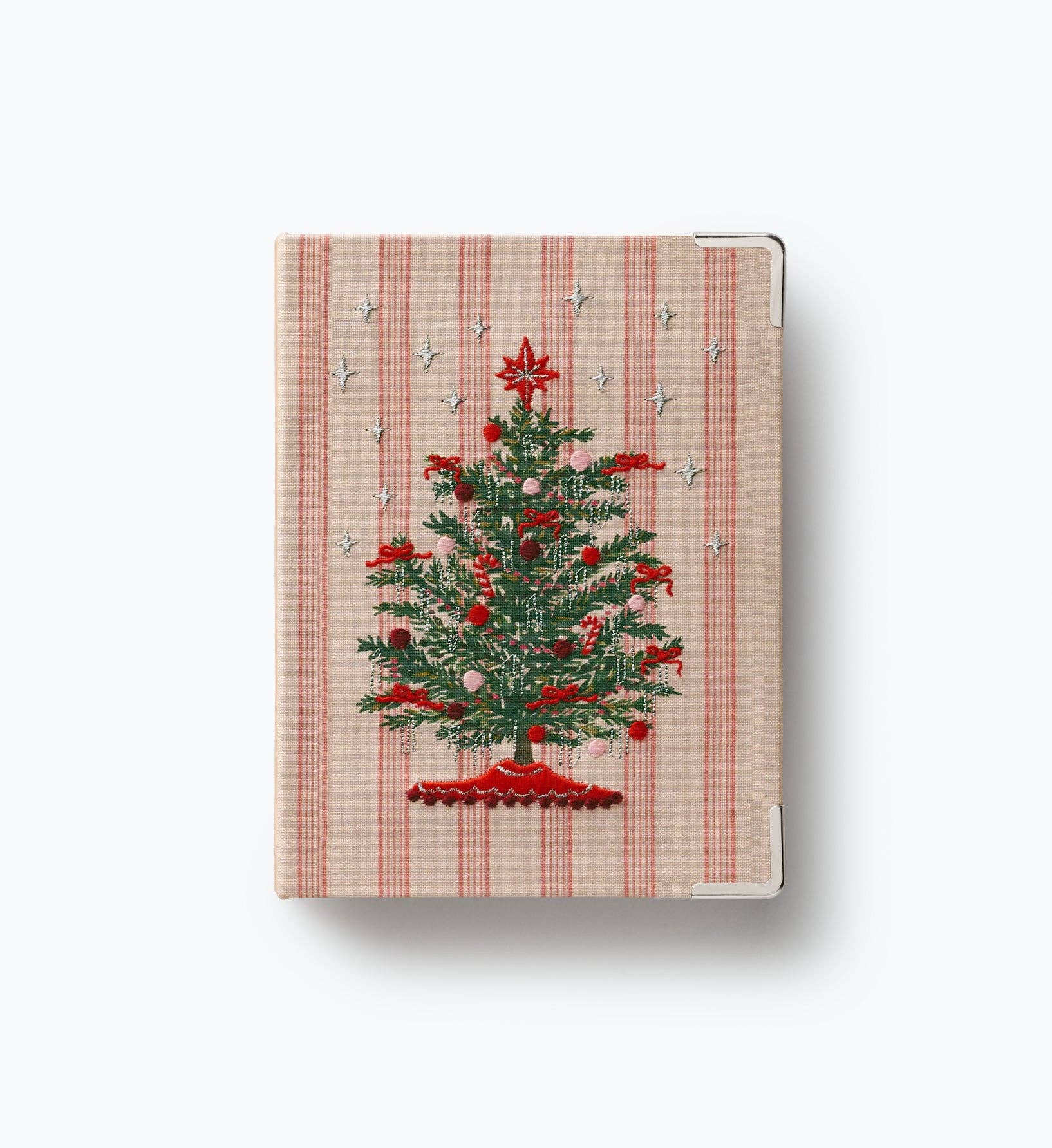 Rifle Paper Co embroidered Christmas tree photo album with pink and cream striped bookcloth cover gold accents and brass corner protectors