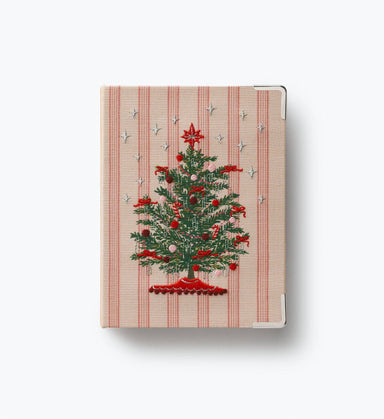 Rifle Paper Co embroidered Christmas tree photo album with pink and cream striped bookcloth cover gold accents and brass corner protectors