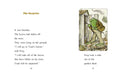A two-page spread from a children's book showing the text 'The Surprise' on the left and an illustration of a green frog gardening on the right, printed on a white page.