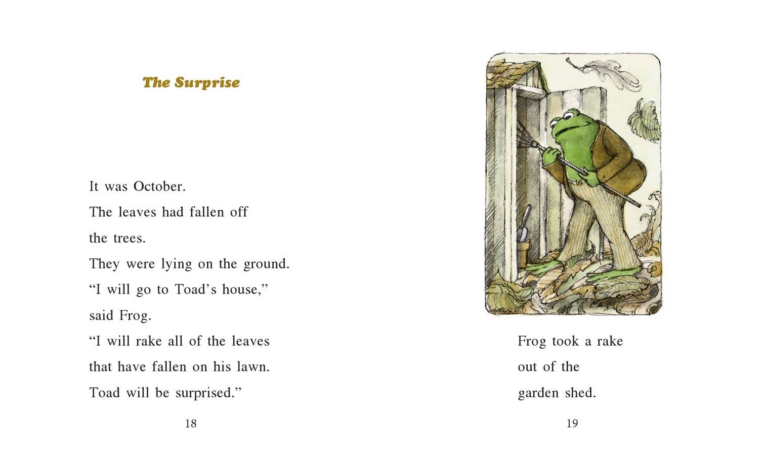 A two-page spread from a children's book showing the text 'The Surprise' on the left and an illustration of a green frog gardening on the right, printed on a white page.