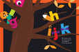 Colorful alphabet letters on a tree with Halloween-themed decorations against an orange background.