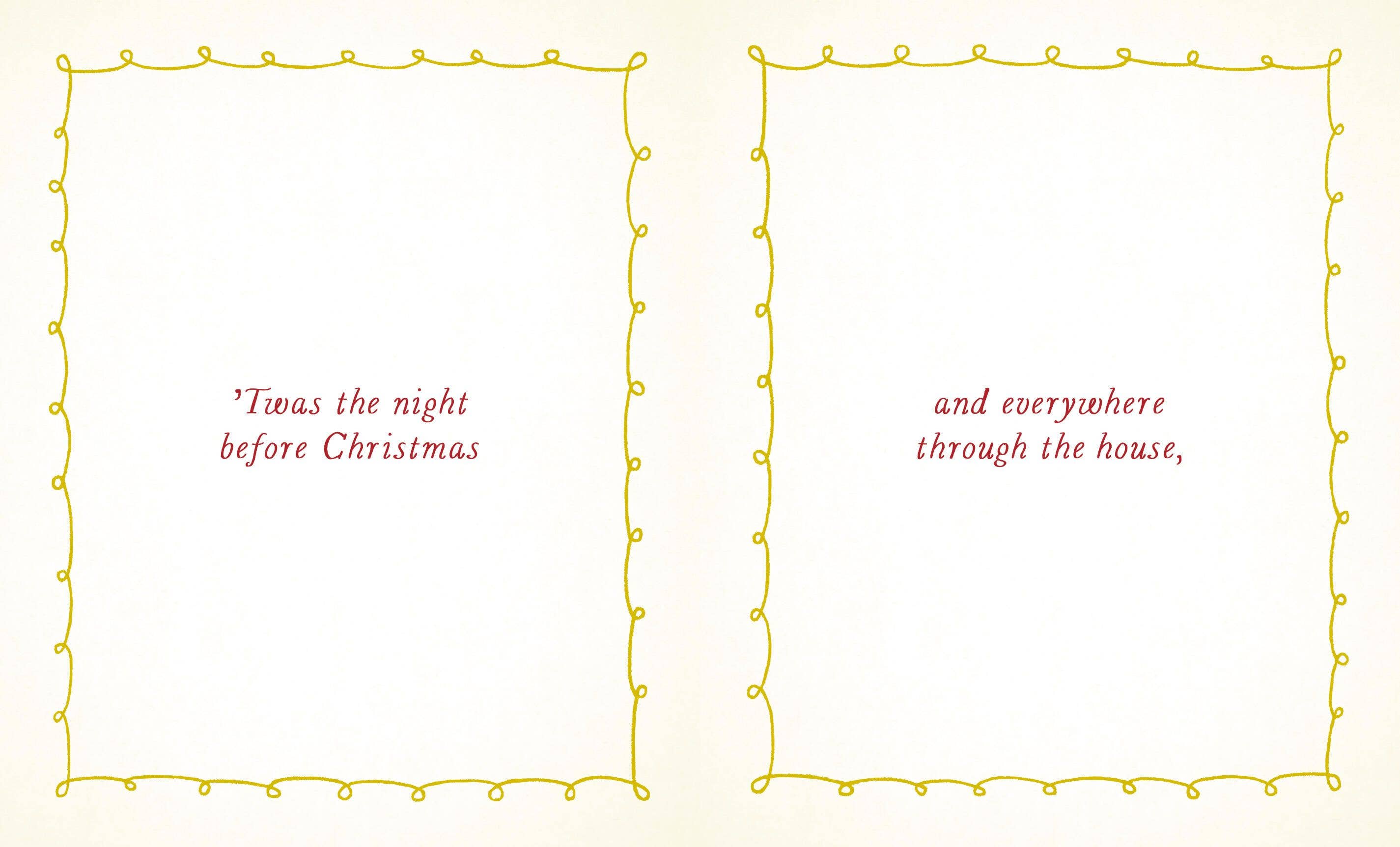 Open Christmas storybook spread with cream pages framed by yellow string lights and red text reading Twas the night before Christmas and everywhere through the house