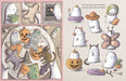 A whimsical Halloween-themed illustration featuring cute ghost cats trying to choose a costume, alongside decorated ghost-shaped cookies shaped like pumpkins, a cat, and a skeleton on a plate. The artwork has a warm, hand-drawn aesthetic with soft pastel tones and small text captions.