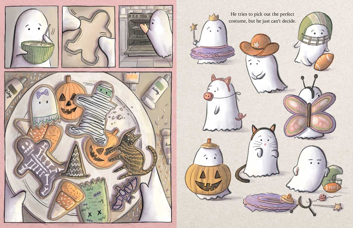 A whimsical Halloween-themed illustration featuring cute ghost cats trying to choose a costume, alongside decorated ghost-shaped cookies shaped like pumpkins, a cat, and a skeleton on a plate. The artwork has a warm, hand-drawn aesthetic with soft pastel tones and small text captions.