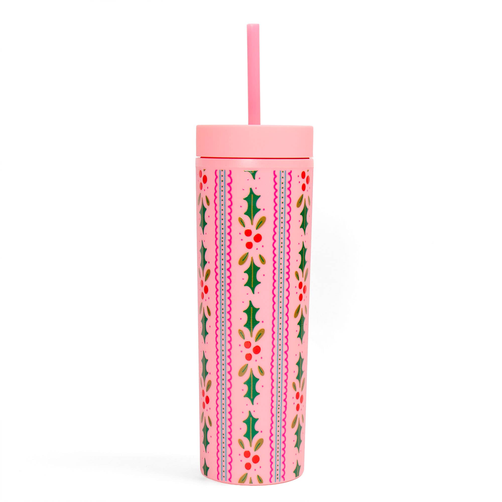 Pink acrylic tumbler with lid and straw featuring green holly leaves red berries and scalloped stripes from Pippi Post