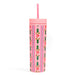 Pink acrylic tumbler with lid and straw featuring green holly leaves red berries and scalloped stripes from Pippi Post