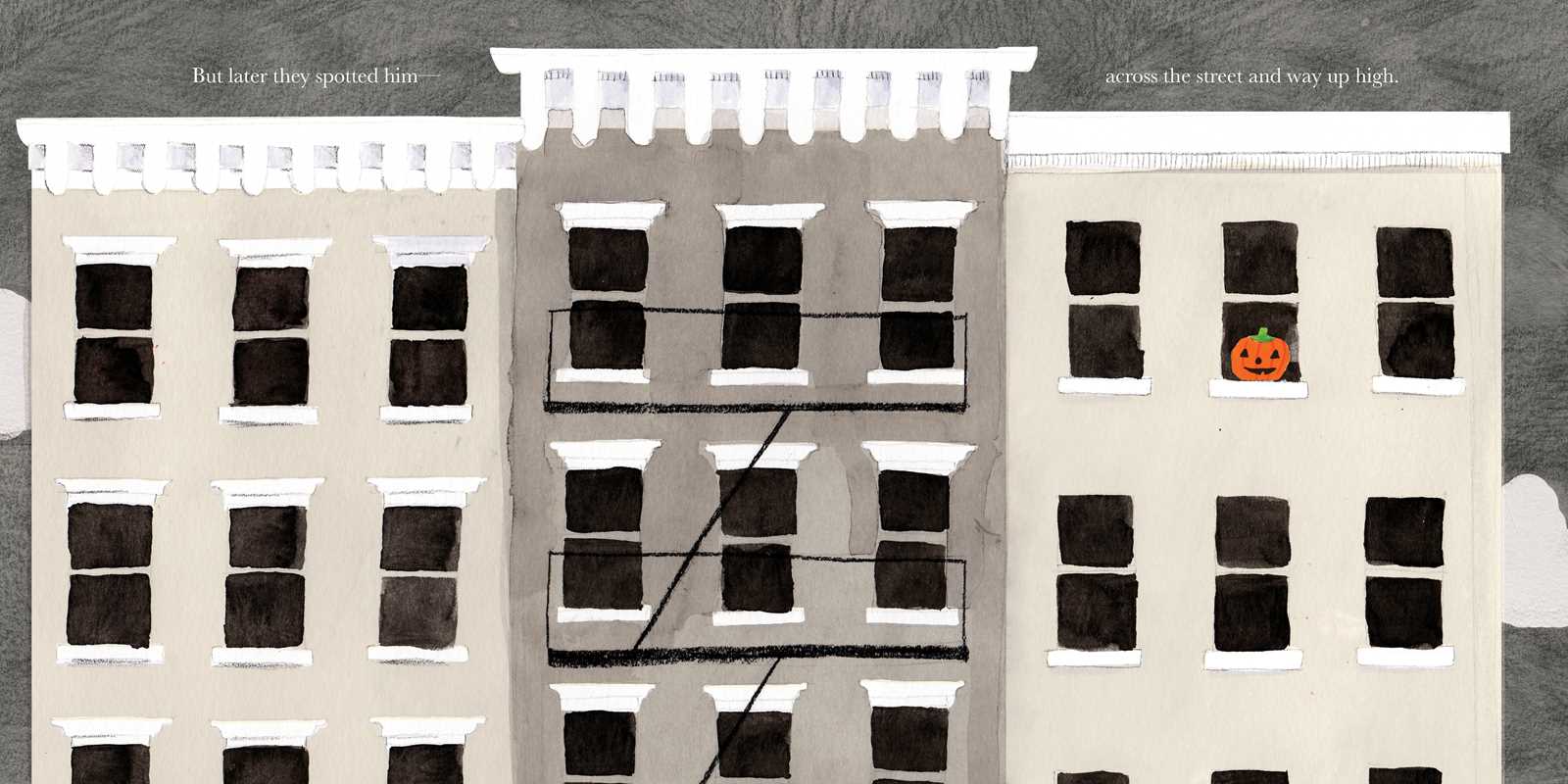Illustration of a building facade with windows, one of which has a pumpkin, on a gray background.