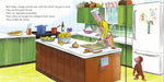 A colorful illustrated children's book page showing a cartoon kitchen scene with a chef preparing food at a counter, text at the top left, and a monkey standing nearby. This is not a real product photo, and the depicted scene itself appears to be the content being shown, so the best fit is Scenery rather than Lifestyle or Product/Packaging.