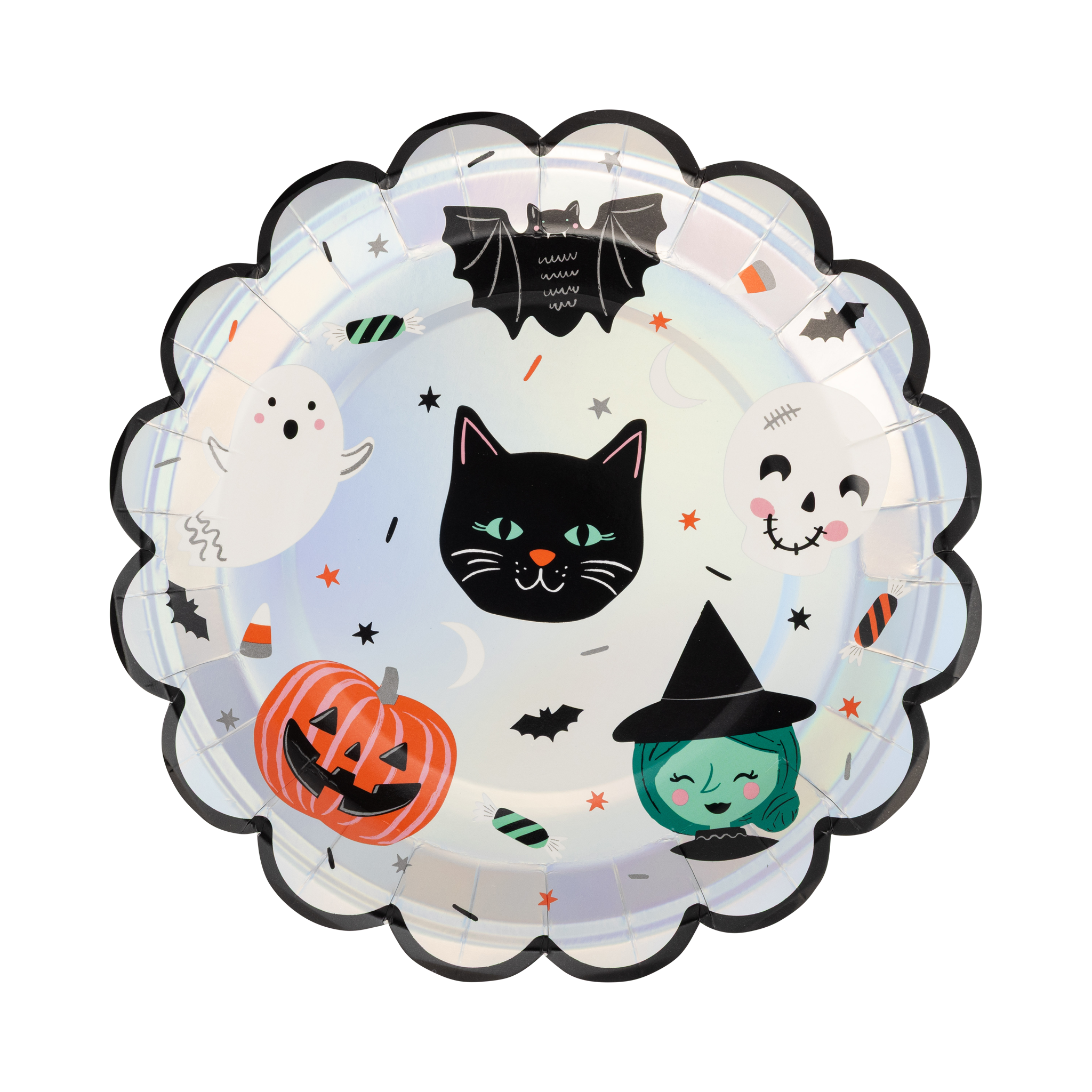 Halloween-themed decorative plate with a black cat, ghost, witch, and pumpkin design on a white background.