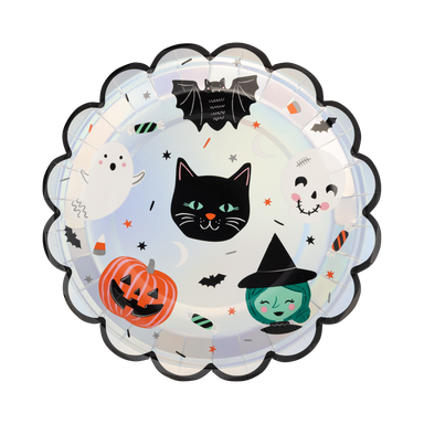 Halloween-themed decorative plate with a black cat, ghost, witch, and pumpkin design on a white background.