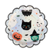 Halloween-themed decorative plate with a black cat, ghost, witch, and pumpkin design on a white background.