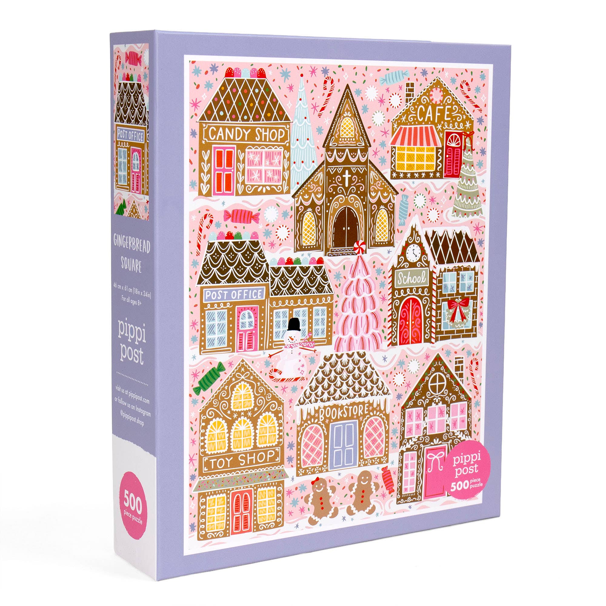 Pippi Post 500 piece Christmas jigsaw puzzle box featuring a colorful gingerbread village with candy shop cafe toy shop bookstore and post office