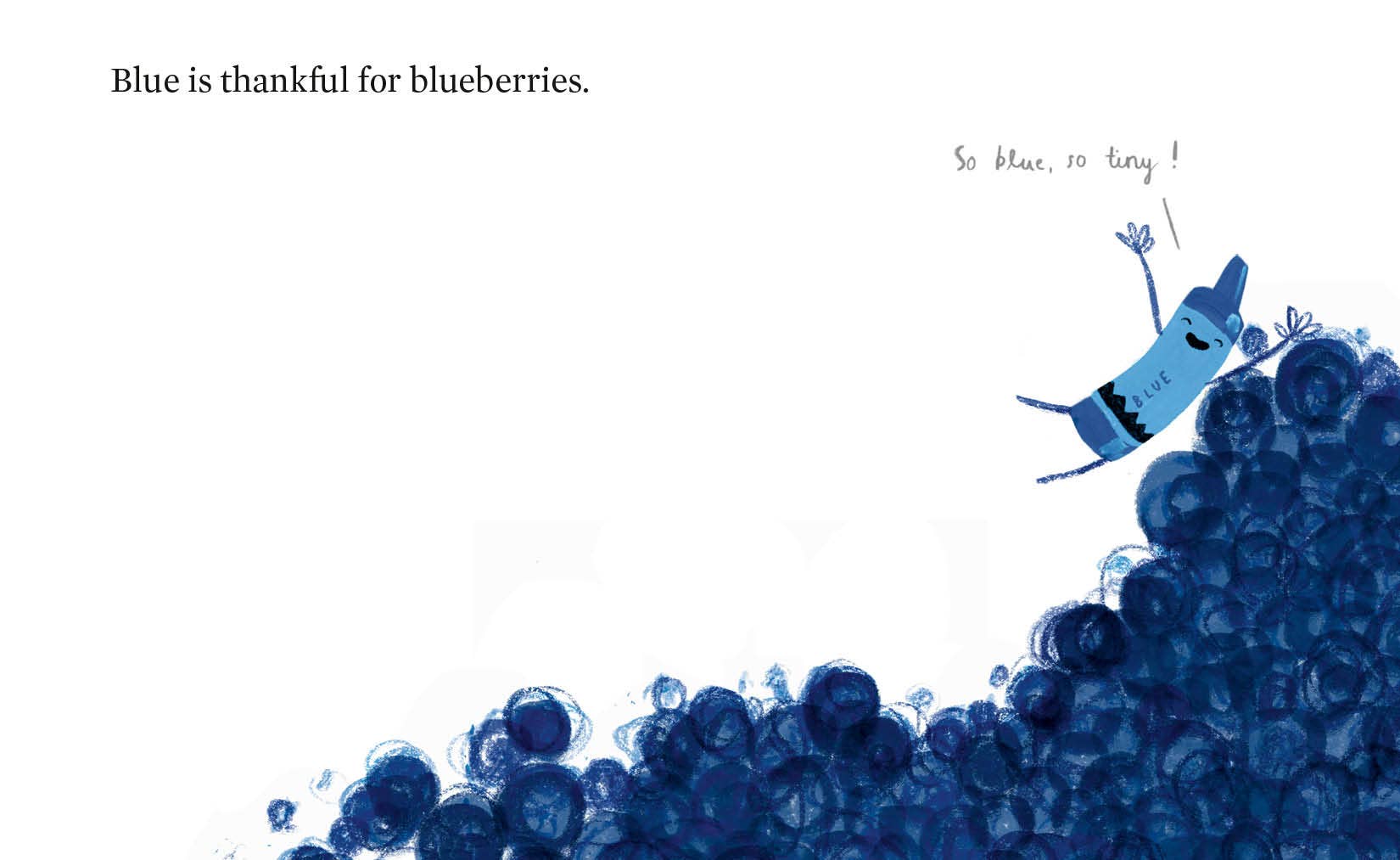 Illustration of a blue character surrounded by blueberries with text above.
