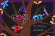 Colorful Halloween-themed illustration with letters and creatures on a tree branch.