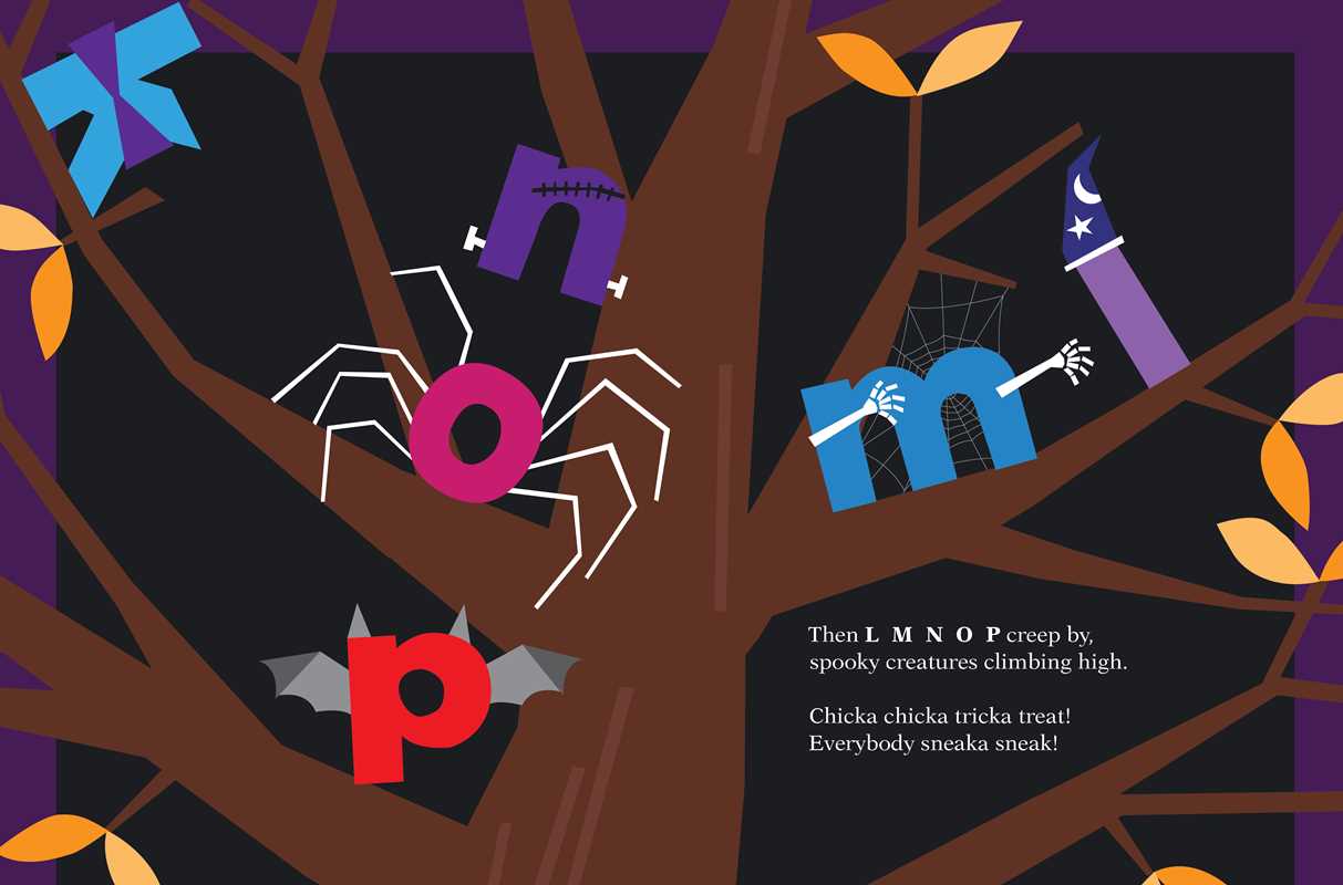 Colorful Halloween-themed illustration with letters and creatures on a tree branch.