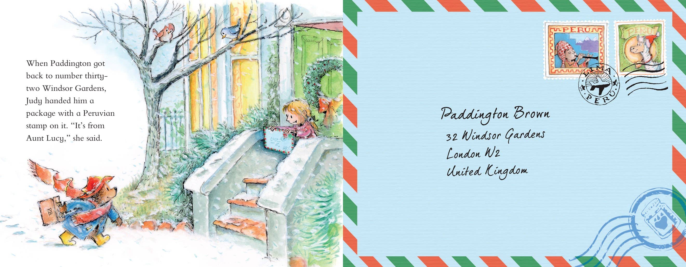 A children's book or postcard-style printed page showing an illustrated winter garden scene on the left and a light blue address envelope design on the right, with postage stamps and handwritten address text.