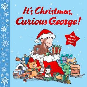 Book cover of 'It's Christmas, Curious George!' with a monkey and dog with Christmas presents and decorations.